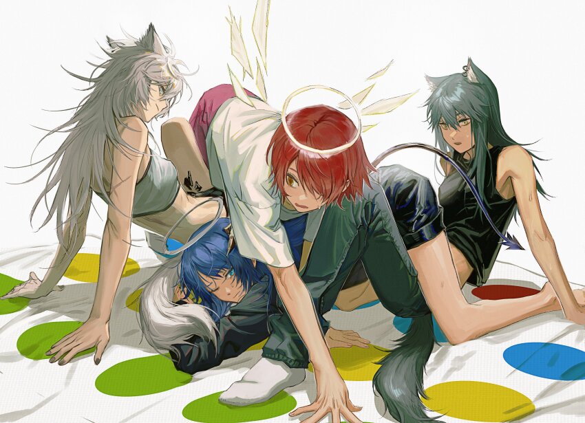 4girls absurdres animal_ears arknights bandeau bare_arms bare_legs bare_shoulders barefoot black_hair black_nails black_pants black_shirt black_shorts blue_eyes blue_hair brown_eyes chinese_commentary commentary_request deatiose exusiai_(arknights) grey_background grey_eyes grey_hair halo highres horns lappland_(arknights) long_hair material_growth midriff mostima_(arknights) multiple_girls nail_polish no_shoes oripathy_lesion_(arknights) pants red_hair shirt shorts simple_background sleeveless sleeveless_shirt socks strapless tail texas_(arknights) textless_version tube_top twister white_shirt white_socks wolf_ears wolf_tail