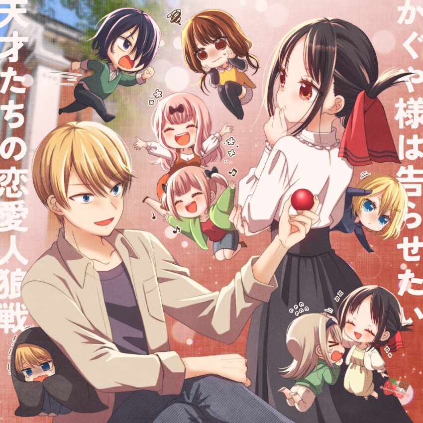 2boys 6+girls alternate_costume black_hair black_pants black_skirt blush brown_eyes brown_hair brown_shirt character_request chibi chocotomamenoki closed_mouth fujiwara_chika fujiwara_moeha green_sweater hair_ribbon hayasaka_ai highres iino_miko ishigami_yuu kaguya-sama_wa_kokurasetai_~tensai-tachi_no_renai_zunousen~ long_hair long_sleeves multicolored_background multiple_boys multiple_girls open_clothes open_shirt pants parted_bangs red_eyes red_ribbon ribbon running shinomiya_kaguya shirogane_kei shirogane_miyuki shirt shirt_tucked_in skirt smile squiggle sweat sweater thighhighs translation_request