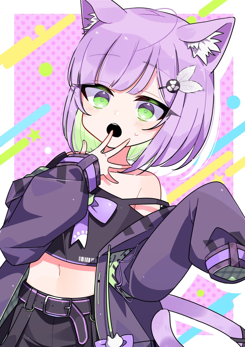 1girl :o absurdres animal_ear_fluff animal_ears bare_shoulders belt black_shirt border cat_ears cat_girl cat_tail colored_inner_hair commission crop_top cropped_shirt green_eyes green_hair hand_to_own_mouth highres indie_virtual_youtuber jacket kagawa_(kgwrikkai64) long_sleeves multicolored_background multicolored_hair navel off_shoulder open_clothes open_jacket purple_hair purple_jacket second-party_source shirt short_hair shwaa simple_background skeb_commission sleeves_past_fingers sleeves_past_wrists surprised tail two-tone_hair virtual_youtuber white_border