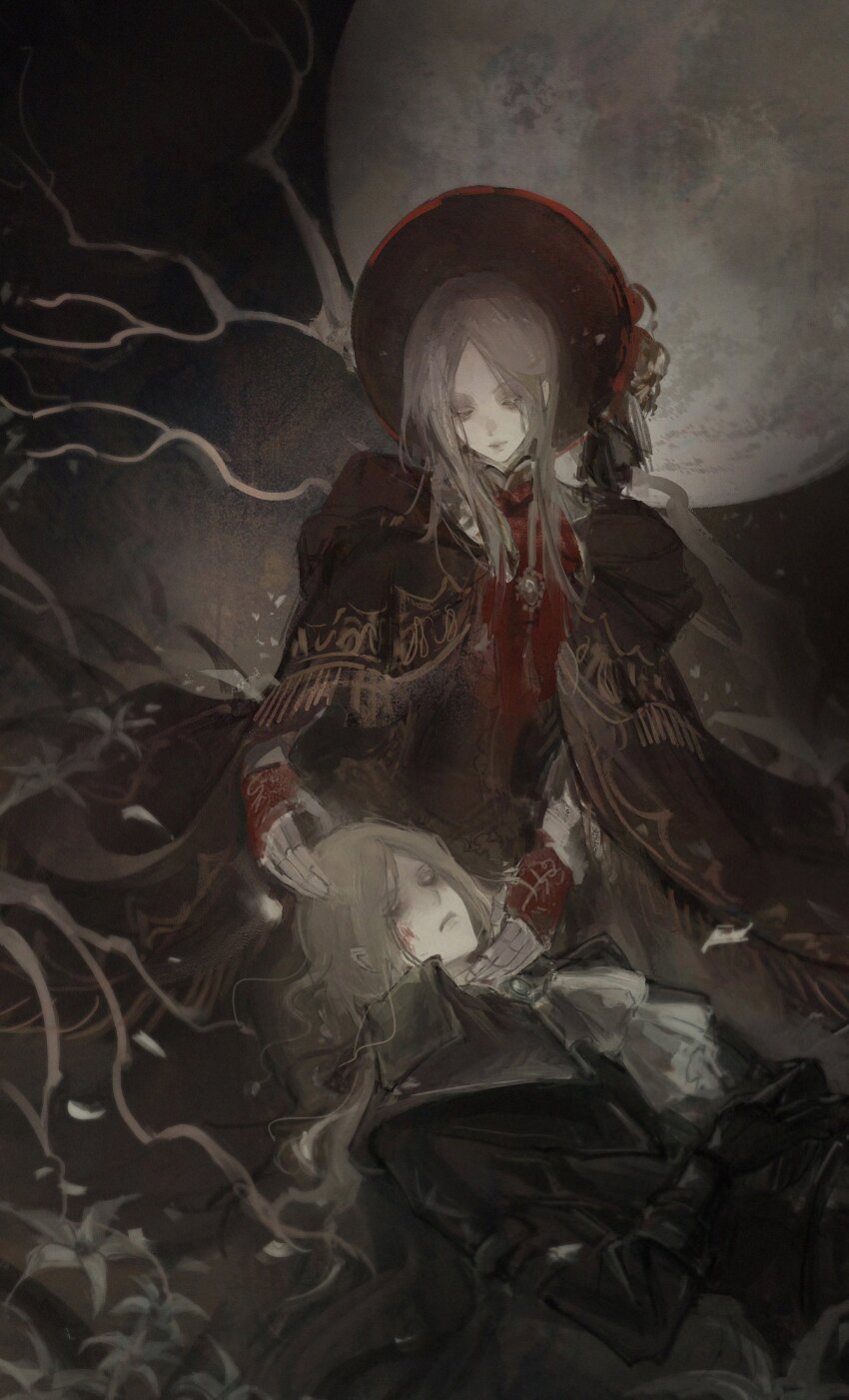 2girls ascot black_coat blonde_hair blood blood_on_face bloodborne branch brown_cloak cloak closed_eyes coat doll_joints falling_petals fringe_trim full_moon g6pbe3jgajacf8x half-closed_eyes hat highres huge_moon joints lady_maria_of_the_astral_clocktower lap_pillow long_hair looking_at_another looking_down lying moon multiple_girls night on_back painterly petals plain_doll red_hat sitting white_ascot