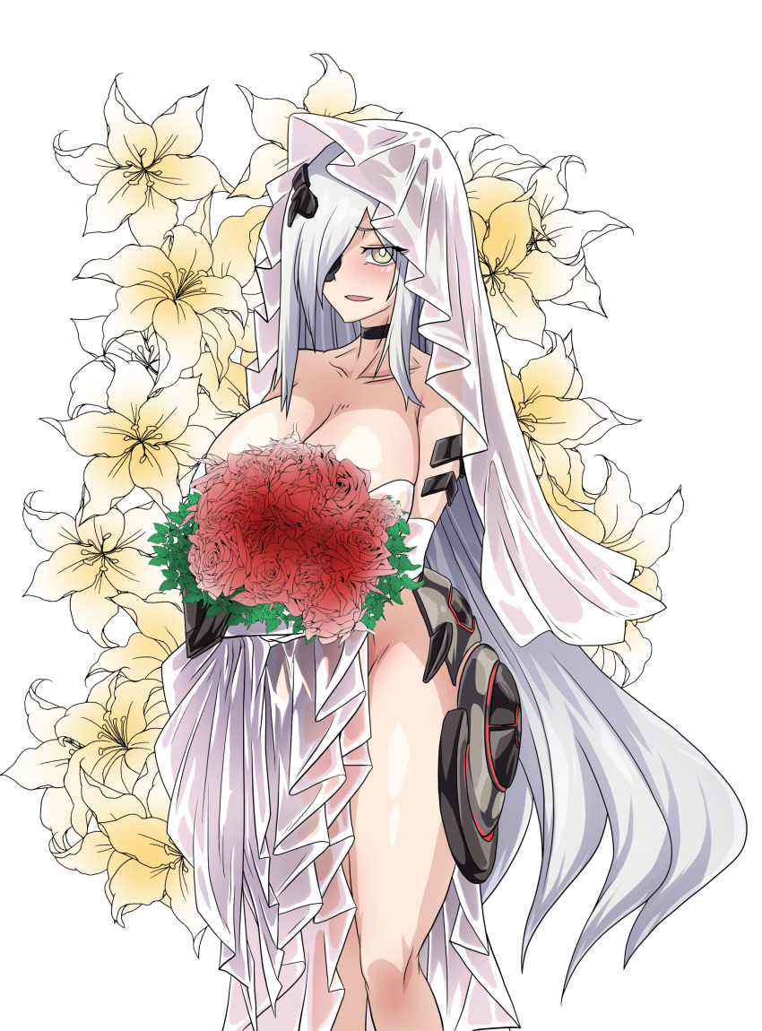 1girl absurdres alchemist_(girls&#039;_frontline) android bare_shoulders blush bouquet breasts bridal_veil choker collarbone dress elbow_gloves floral_background flower girls&#039;_frontline gloves hair_over_one_eye highres huge_breasts lazy_ant long_hair looking_at_viewer no_panties open_mouth sangvis_ferri shiny_skin solo thighs veil very_long_hair wedding_dress white_dress white_gloves white_hair yellow_eyes