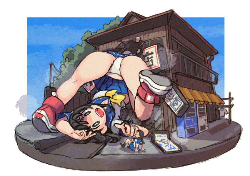 2girls absurdres awning black_eyes black_hair blue_sailor_collar blue_skirt blue_sky border braid bright_pupils building day destruction dust_cloud giant giantess highres legs looking_at_viewer multiple_girls neckerchief okera open_mouth original outdoors panties red_shoes sailor_collar school_uniform serafuku shoes sign sitting size_difference skirt sky teeth tree twin_braids underwear upper_teeth_only upside-down vending_machine white_border white_pupils yellow_neckerchief