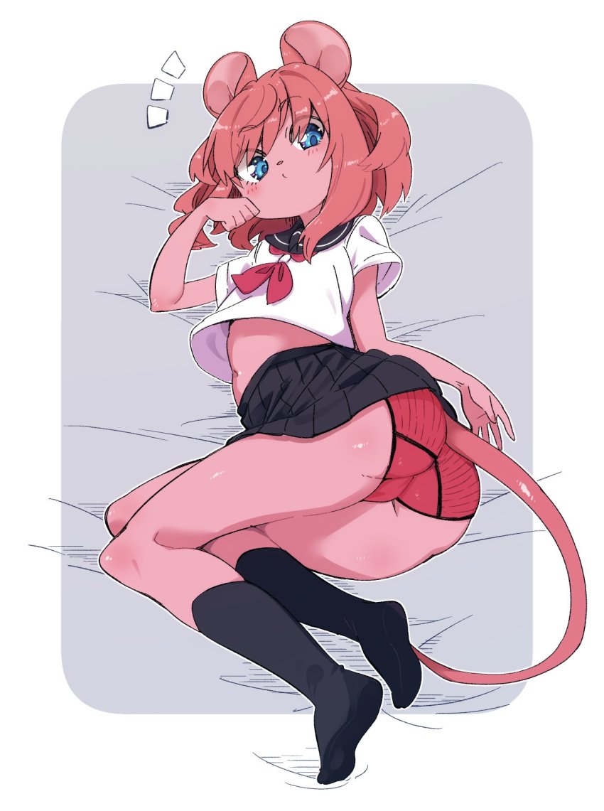 1girl animal_ears ass black_socks black_skirt blue_eyes clothes_lift feet full_body furry furry_female hand_to_own_mouth highres kneehighs legs lying mouse_ears mouse_girl mouse_girl_(yuuki_(yuyuki000)) mouse_tail navel no_shoes on_side original panties pink_hair pink_panties school_uniform serafuku shirt short_hair short_sleeves skirt skirt_lift socks soles solo tail thighs trefoil underwear white_shirt yuuki_(yuyuki000)