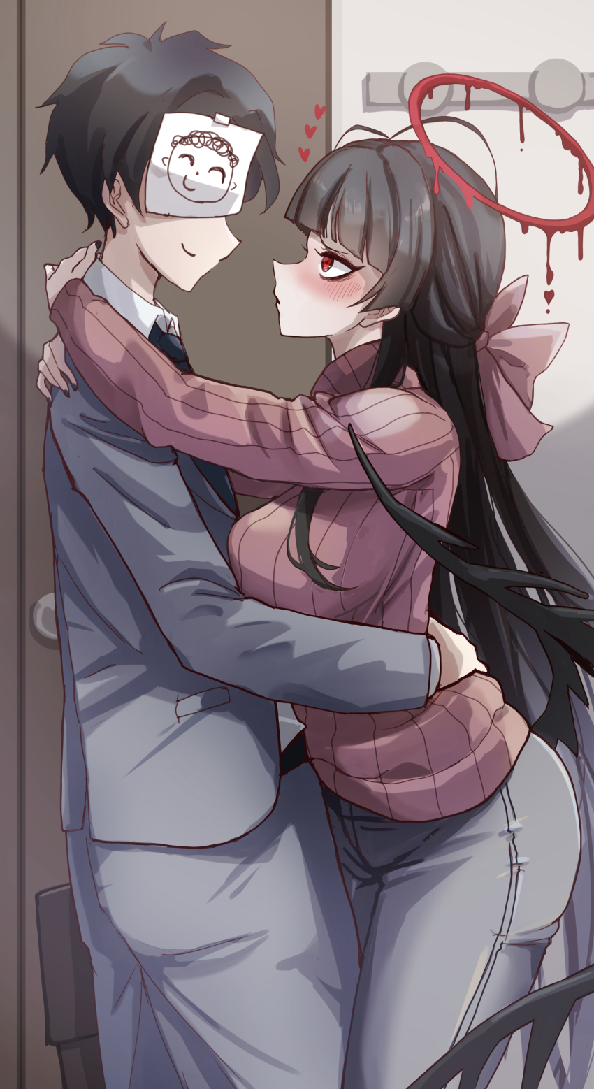 1boy 1girl absurdres antenna_hair bags_under_eyes black_hair black_wings blue_archive blush breasts commentary_request doodle_sensei_(blue_archive) formal_clothes grey_suit halo heart hetero highres hug indoors komena_(shinyday312) large_breasts long_hair looking_at_another paper_on_head pink_sweater profile red_eyes ribbed_sweater sensei_(blue_archive) suit sweater tsurugi_(blue_archive) very_long_hair wings