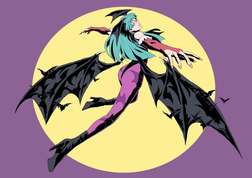 animal_print aqua_eyes aqua_hair ass bat_(animal) bat_print black_footwear black_leotard boots bridal_gauntlets commentary darkstalkers demon_girl demon_wings from_side full_body hashimoto_yusuke head_wings high_heel_boots high_heels highleg highleg_leotard highres leotard looking_at_viewer low_wings morrigan_aensland outstretched_arms pantyhose pink_nails purple_pantyhose stiletto_heels thong_leotard wings