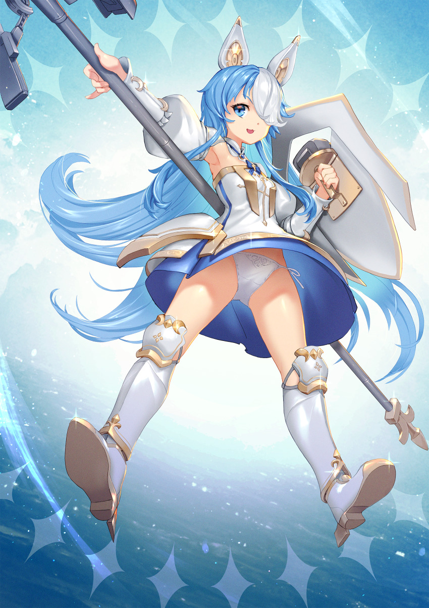 1girl :3 absurdres armored_boots armpits azur_lane blue_dress blue_eyes blue_hair bluesnail boots breasts detached_sleeves dress from_below full_body hair_over_one_eye highres holding holding_polearm holding_shield holding_weapon lance long_hair maille-breze_(azur_lane) multicolored_hair open_mouth panties pantyshot polearm puffy_sleeves rudder_footwear shield side-tie_panties small_breasts smile solo two-tone_hair underwear very_long_hair weapon white_dress white_footwear white_hair white_panties