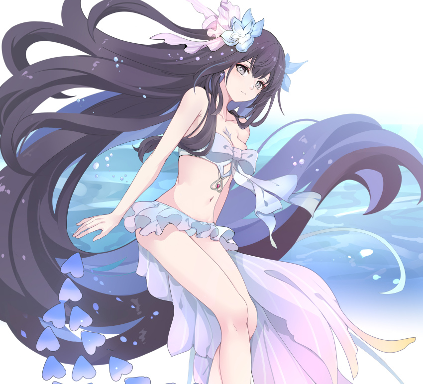 1girl bare_legs bare_shoulders bikini black_hair blue_bikini blue_bow blue_bowtie bow bowtie collarbone flower frilled_bikini frills hair_between_eyes hair_flower hair_ornament heart highres honkai_(series) honkai_impact_3rd long_hair looking_at_viewer midriff navel official_alternate_costume qingye_ling seele_vollerei seele_vollerei_(herrscher_of_rebirth) solo stomach swimsuit underwater very_long_hair