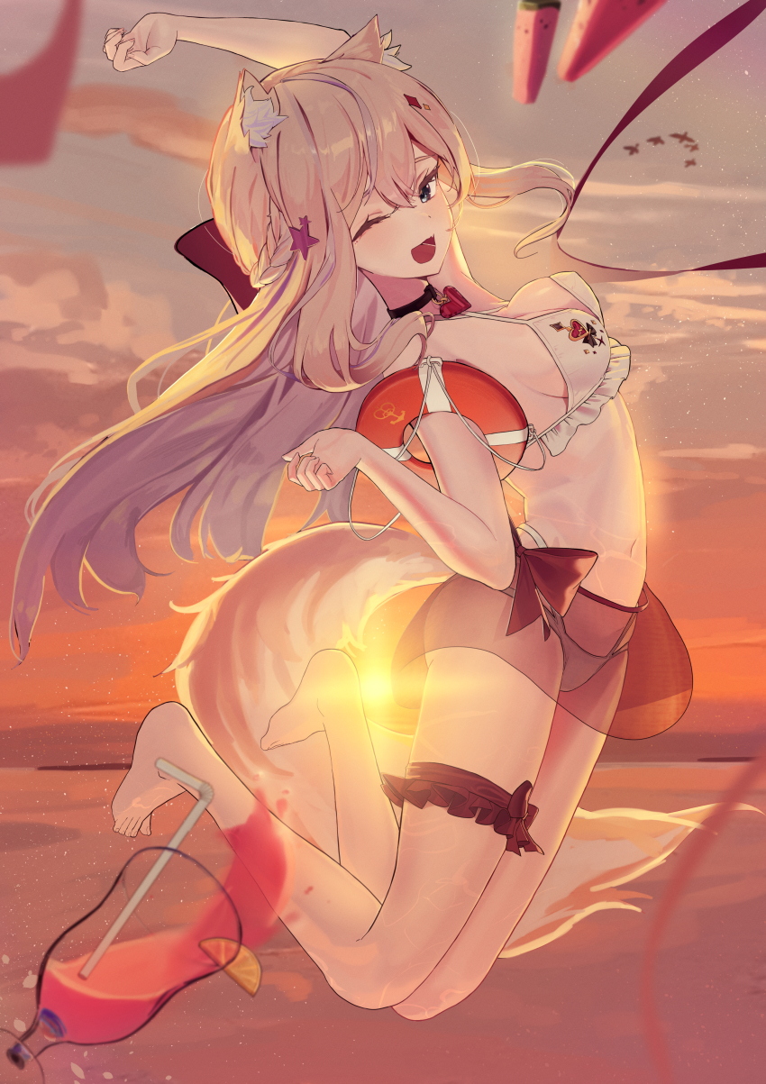 1girl absurdres animal_ears bikini cat_ears cat_tail choker cocktail_glass cup drinking_glass food hair_ornament highres jumping lee_jooin lovelyme popsicle star_(symbol) star_hair_ornament sunset swimsuit tail tube v-lup virtual_youtuber