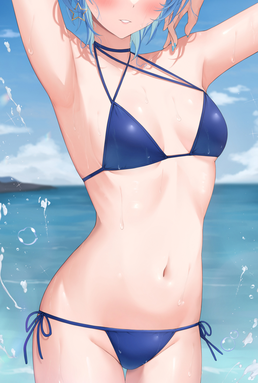 1girl armpits arms_up bikini blue_bikini blue_hair blush breasts highres hololive hoshimachi_suisei shinigami_kiraki small_breasts smile stomach string_bikini swimsuit virtual_youtuber