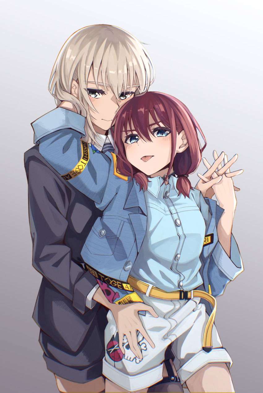 absurdres arm_around_neck belt black_choker black_jacket black_shorts black_thighhighs blue_eyes blue_jacket blue_shirt blush brown_hair choker closed_mouth collared_shirt commentary doki_(oox3o) dress_shirt garter_straps girls_band_cry gradient_background grey_background grey_eyes grey_hair hair_between_eyes hands_up highres interlocked_fingers iseri_nina jacket kawaragi_momoka long_hair long_sleeves looking_at_viewer low_twintails multicolored_hair o-ring o-ring_choker open_clothes open_jacket roots_(hair) shirt short_twintails shorts sidelocks thighhighs tongue tongue_out twintails white_shirt white_shorts yellow_belt yuri