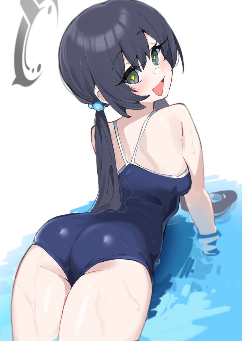 +_+ 1girl ass black_hair blue_archive blue_one-piece_swimsuit breasts from_behind gen_(unzzenasd) grey_eyes grey_halo hair_bobbles hair_ornament halo highres kisaki_(blue_archive) long_hair looking_at_viewer one-piece_swimsuit open_mouth small_breasts smile solo swimsuit thighs twintails water wet white_background