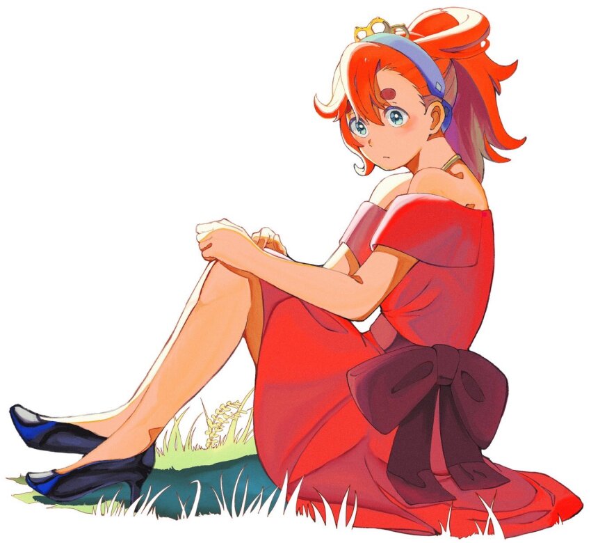 1girl bare_shoulders black_footwear blue_eyes blue_hairband bow closed_mouth dress full_body grass gundam gundam_suisei_no_majo hair_between_eyes hairband hands_on_own_knees high_heels highres knees_up long_hair looking_at_viewer official_alternate_costume official_alternate_hairstyle purple_bow red_dress red_hair sitting solo strapless strapless_dress suiseikaro suletta_mercury thick_eyebrows tiara waist_bow