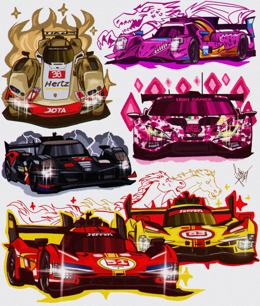 af_corse ao_racing black_car car commentary english_commentary ferrari ferrari_499p fire glint highres imsa_sportscar_championship iron_lynx italian_flag jota_sport lamborghini lamborghini_huracan le_mans_prototype lightning motor_vehicle no_humans oreca_07 pink_car porsche porsche_963 purple_car race_vehicle racecar radio_antenna red_car schumisnoopy sparkle spike_(ao_racing) spoiler_(automobile) toyota toyota_gazoo_racing toyota_gr010 union_jack vehicle_focus world_endurance_championship