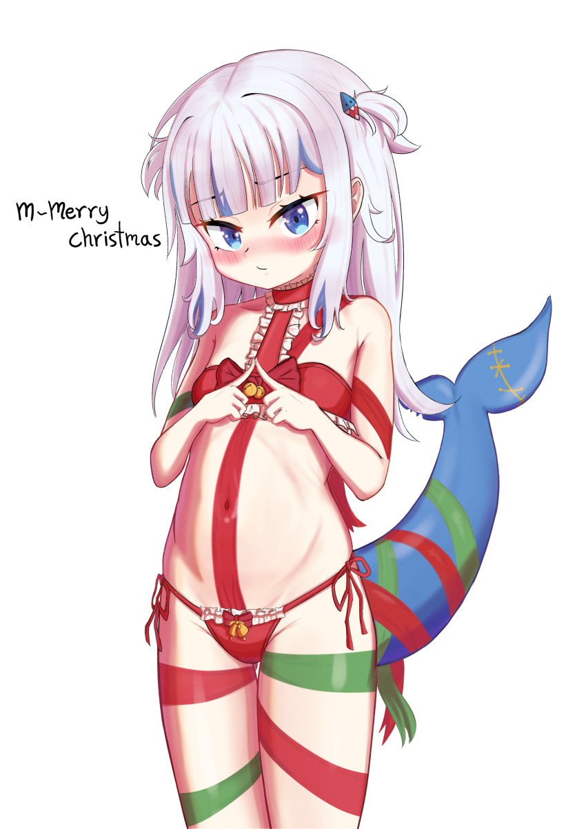 1girl absurdres blue_hair blunt_bangs fins fish_tail gawr_gura gift grey_hair hair_ornament highres hololive hololive_english kurohi_drw lingerie looking_at_viewer medium_hair multicolored_hair self-upload shark_girl shark_hair_ornament shark_tail sidelocks solo streaked_hair tail two_side_up underwear virtual_youtuber