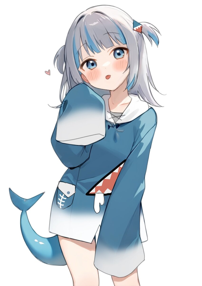 1girl blue_eyes blue_hair blue_hoodie blunt_bangs blush fins fish_tail gawr_gura gawr_gura_(1st_costume) grey_hair hair_ornament heart highres hololive hololive_english hood hood_down hoodie long_sleeves looking_at_viewer medium_hair multicolored_hair natsuna7 shark_girl shark_hair_ornament shark_tail simple_background sleeves_past_fingers sleeves_past_wrists solo streaked_hair tail tongue tongue_out two_side_up virtual_youtuber white_background