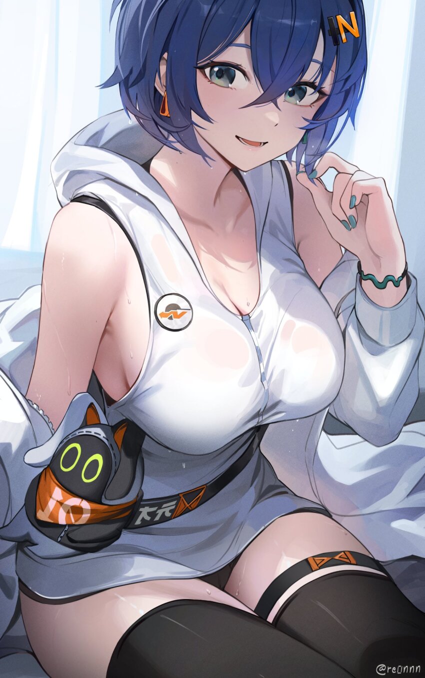 1girl alternate_costume aqua_eyes aqua_nails armpit_crease bare_shoulders belle_(zenless_zone_zero) black_panties black_thighhighs blue_hair bracelet breasts character_charm charm_(object) cleavage collarbone commentary crossed_bangs earrings eous_(zenless_zone_zero) hair_between_eyes hair_ornament hand_up hashtag-only_commentary highres indoors jewelry large_breasts looking_at_viewer on_bed open_mouth panties re0n shirt short_hair sideboob sitting smile solo thigh_strap thighhighs twitter_username underwear wet white_hood white_shirt zenless_zone_zero