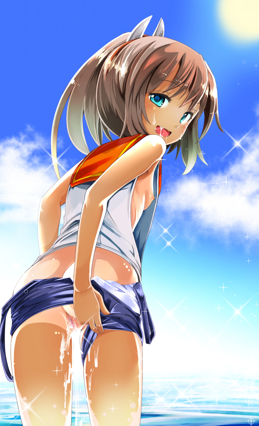 10s 1girl aftersex anus ass bare_shoulders blue_eyes blush breasts brown_hair censored clothing_aside cum cum_in_pussy female_focus hair_ornament highres i-401_(kancolle) kantai_collection looking_at_viewer looking_back nipples one-piece_swimsuit open_mouth ponytail sailor_collar saliva school_swimsuit school_uniform short_hair short_ponytail sideboob sky small_breasts smile soaking_feet solo sparkle swimsuit swimsuit_aside swimsuit_under_clothes takara_akihito tan uncensored wading water