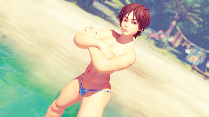 1girl 3d absurdres beach bikini breasts brown_hair capcom cowboy_shot day ed highres kasugano_sakura medium_breasts solo street_fighter swimsuit water