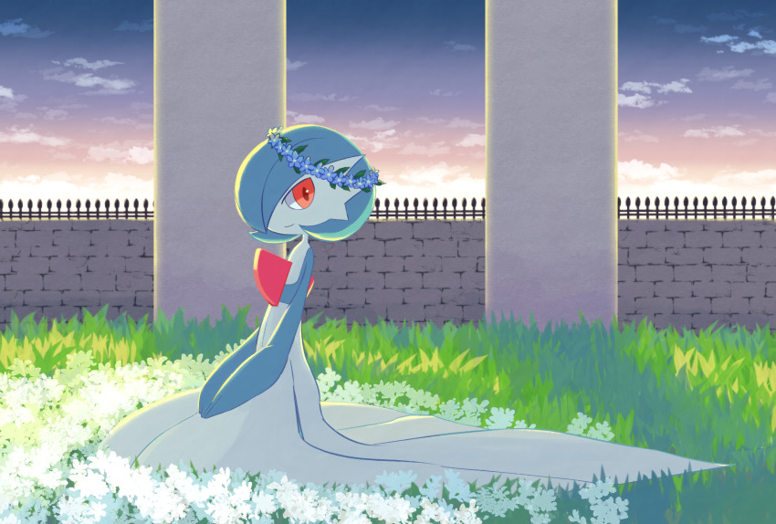 alternate_color blue_hair blue_skin bob_cut brick_wall colored_skin creatures_(company) dress flower flower_wreath game_freak gardevoir gen_3_pokemon grass hair_over_one_eye highres multicolored_skin nintendo oemmtoru on_grass pillar pink_eyes pokemon pokemon_(creature) shiny_pokemon sitting smile two-tone_skin white_dress white_flower white_skin