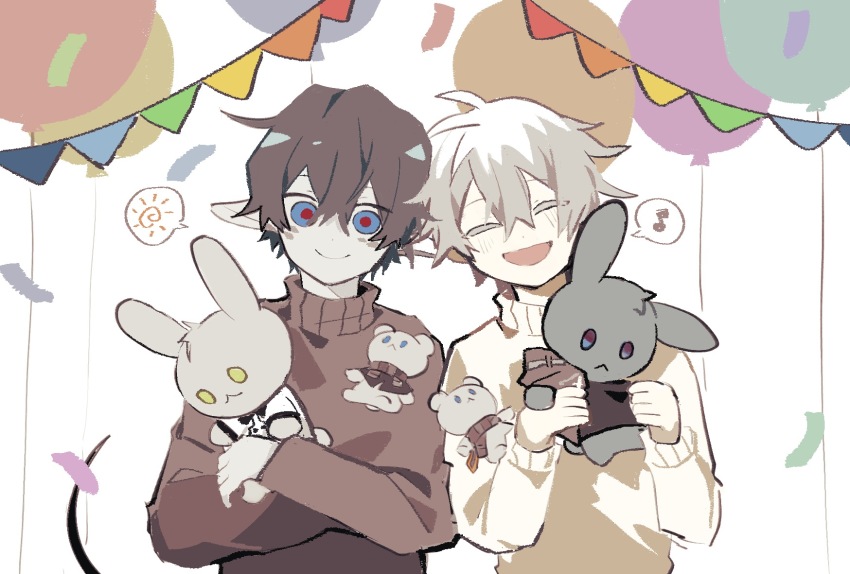 2897419513 2boys ahoge animal_ears arknights balloon birthday_party bishounen black_hair black_shirt child closed_eyes confetti doll faust_(arknights) highres male_focus mephisto_(arknights) multiple_boys musical_note pointy_ears shirt short_hair smile upper_body white_background white_hair white_shirt