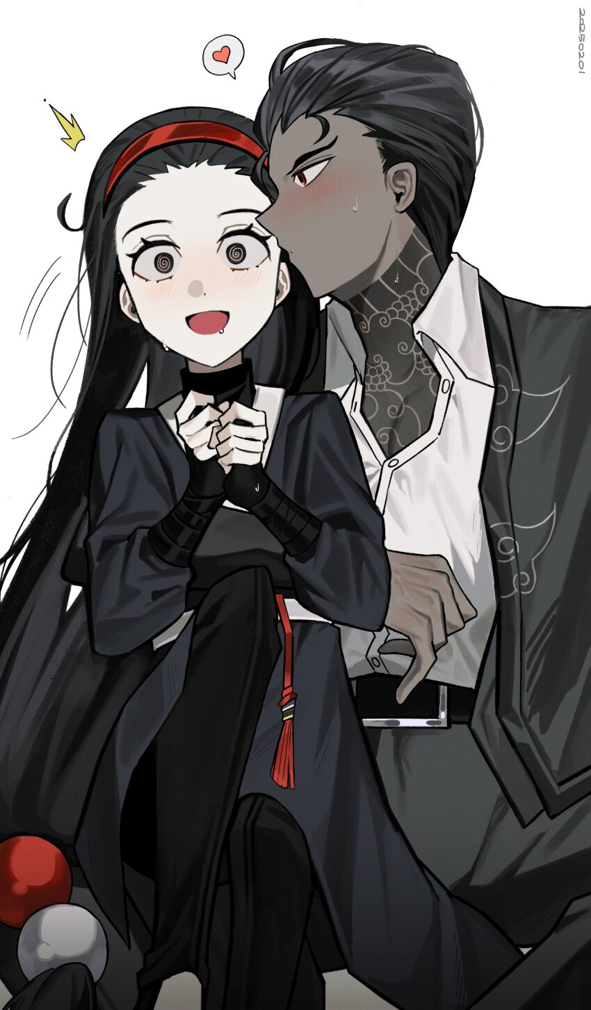 2girls absurdres aeng-du_(project_moon) asdf1211950 black_coat black_gloves black_hair black_jacket blush coat dark-skinned_male dark_skin fingerless_gloves gloves hair_slicked_back hairband hands_up heart hetero highres jacket jun_(project_moon) kiss limbus_company long_sleeves multiple_girls open_mouth project_moon puffy_long_sleeves puffy_sleeves red_eyes red_hairband simple_background smile spoken_heart sweat white_background wide-eyed wrist_wrap