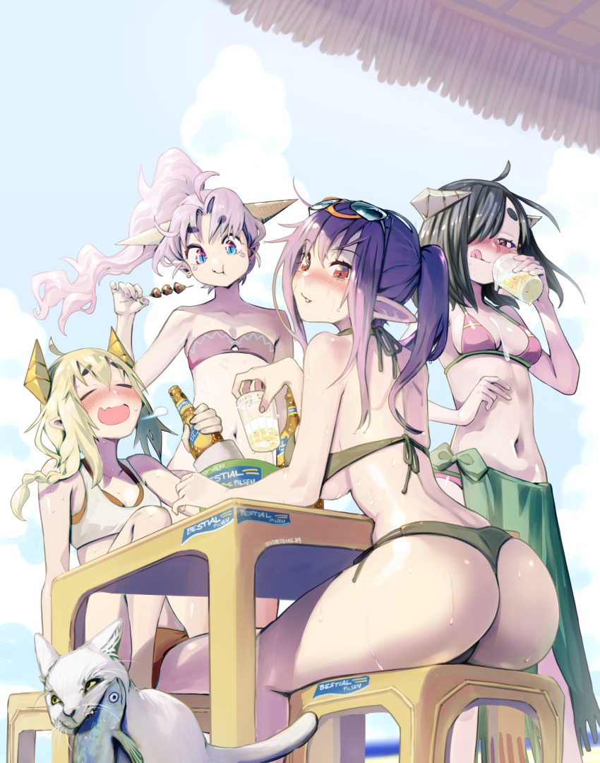 +_+ 4girls :t ahoge alcohol ass beach beach_umbrella beer beer_bottle bikini black_bikini black_hair blonde_hair blue_eyes blurry blurry_background blush breasts cat character_request clip_studio_paint_(medium) cloud cloudy_sky commentary cup dango day dragon_horns drunk eating elf english_commentary eudetenis eyewear_on_head feet_out_of_frame fish_(food) flat_chest food food_in_mouth green_sarong hair_over_one_eye highres holding holding_cup horizon horns irisha_(eudetenis) large_breasts long_hair looking_at_viewer medium_breasts medium_hair multiple_girls navel nose_blush ocean original pink_bikini pink_hair pink_tube_top pointy_ears red_eyes sarong short_eyebrows sitting sky small_breasts spilling standing stool strapless summer sunglasses sweat swimsuit table tankini tube_top umbrella underboob wagashi white_cat