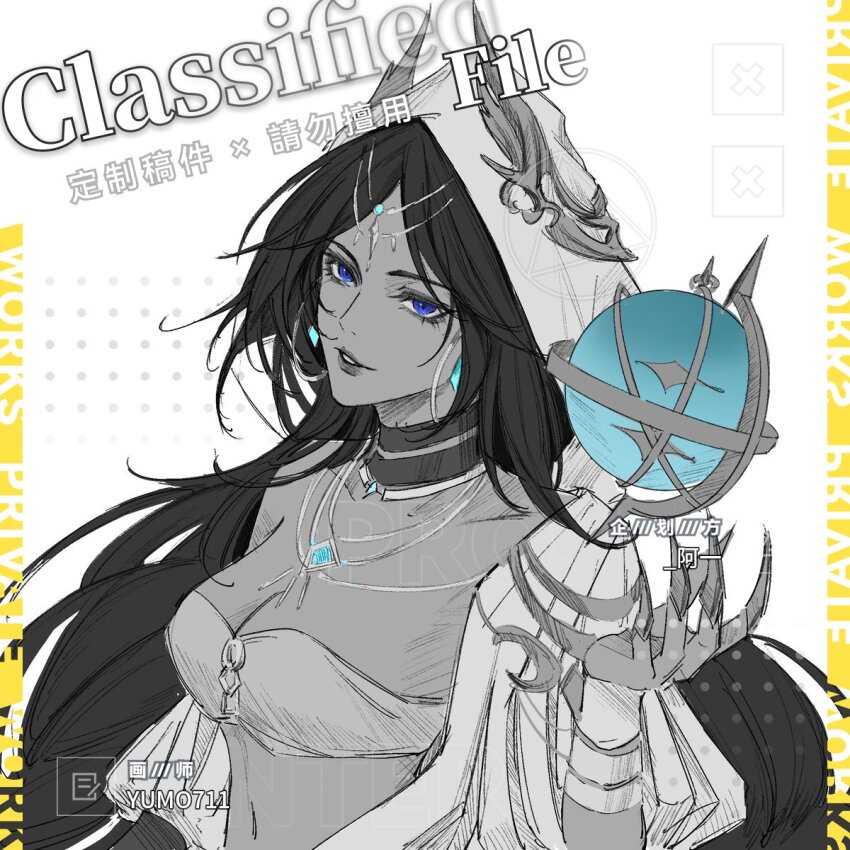 1girl black_hair blue_eyes breasts cleavage detached_collar fake_claws hg6300605671947 highres hood jewelry necklace parted_lips path_to_nowhere simple_background smile solo spot_color stargazer_(path_to_nowhere) white_background