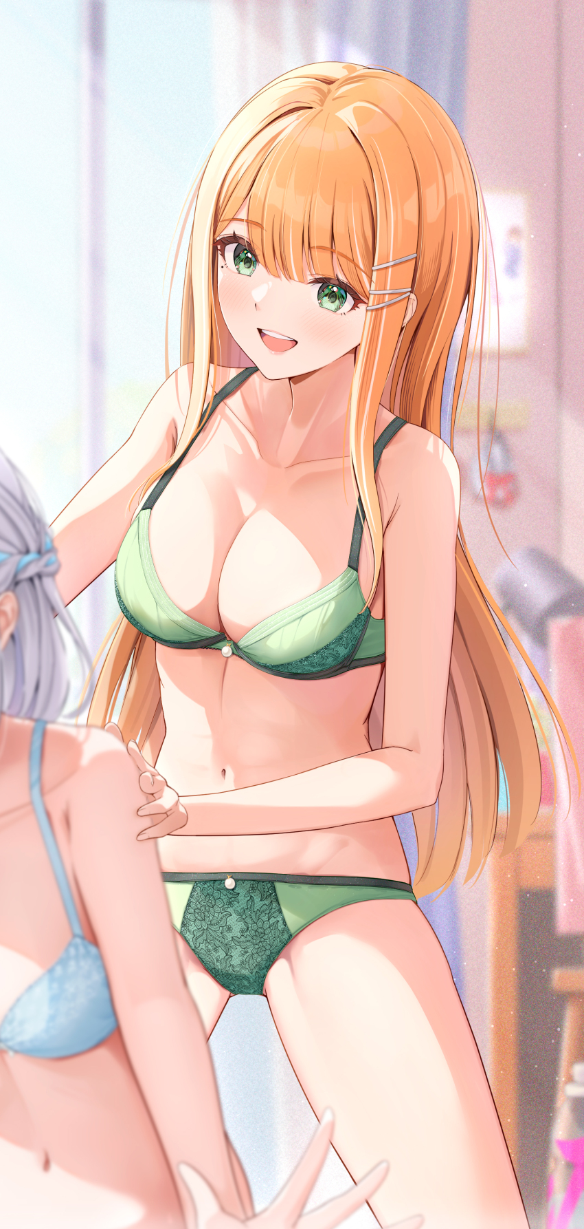 2girls absurdres blurry blurry_background blush bra breasts cleavage collarbone commentary_request fujinomiya_rio gakuen_idolmaster green_bra green_eyes green_panties grey_hair highres idolmaster indoors katsuragi_lilja large_breasts long_hair looking_at_another matching_underwear mole mole_under_eye multiple_girls navel orange_hair out_of_frame panties shiun_sumika smile solo_focus stomach straight_hair teeth underwear underwear_only upper_teeth_only very_long_hair