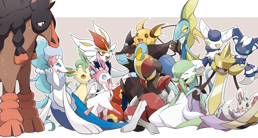 :d ;d absurdres aegislash bisharp black_fur blue_eyes blue_skin bob_cut brown_eyes cinderace closed_eyes closed_mouth colored_skin commentary_request creatures_(company) dress expressionless eye_contact fang furry game_freak gardevoir gen_1_pokemon gen_3_pokemon gen_4_pokemon gen_5_pokemon gen_6_pokemon gen_7_pokemon gen_8_pokemon green_eyes green_hair green_skin grey_eyes hand_up happy helmet highres holding holding_shield inteleon kisa_(kisa-kisa5900) leafeon looking_at_another looking_down luxray meowstic meowstic_(female) meowstic_(male) minccino mudsdale multicolored_fur multicolored_skin nintendo one_eye_closed open_mouth outline pokemon pokemon_(creature) primarina raichu red_fur shield sitting skin_fang smile sword sylveon two-tone_skin weapon white_dress white_fur white_skin yellow_fur