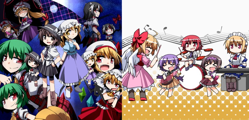 &gt;_&lt; 6+girls angel_wings beamed_quavers biwa_lute blonde_hair bow brown_eyes brown_hair chibi closed_eyes drum drum_set flandre_scarlet folded_fan folding_fan full_moon gap_(touhou) gengetsu_(touhou) gensou_ningyou_enbu green_hair grey_horns grin halftone halftone_background hand_fan hat hat_bow hat_ribbon hemogurobin_a1c horikawa_raiko horns instrument kazami_yuuka keyboard_(instrument) kijin_seija laevatein light_purple_hair lute_(instrument) maid_headdress maribel_hearn mob_cap moon mugetsu_(touhou) multicolored_hair multiple_girls musical_note parasol red_eyes red_hair ribbon shorts shorts_under_skirt smile split_screen staff_(music) streaked_hair touhou touhou_(pc-98) tsukumo_benben tsukumo_yatsuhashi umbrella usami_renko white_hair wings yakumo_yukari yellow_eyes