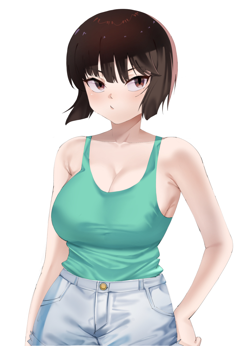 1girl absurdres aqua_tank_top arm_at_side armpits averting_eyes bare_shoulders blunt_ends bob_cut breasts brown_eyes brown_hair casual cleavage closed_mouth collarbone commentary cowboy_shot hand_on_own_hip highres inverted_bob large_breasts looking_to_the_side pursed_lips ranma_1/2 short_hair shorts simple_background solo standing taiyoutan tank_top tendou_nabiki white_background white_shorts