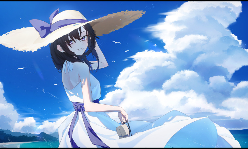 1girl back beach bird black_hair blue_sky breasts cloud commentary_request cumulonimbus_cloud dress grin hair_between_eyes halter_dress halterneck hat highres holding holding_sandals holding_unworn_clothes kis_sako letterboxed looking_at_viewer looking_back medium_hair ocean original outdoors sandals sky small_breasts smile solo straw_hat summer white_dress