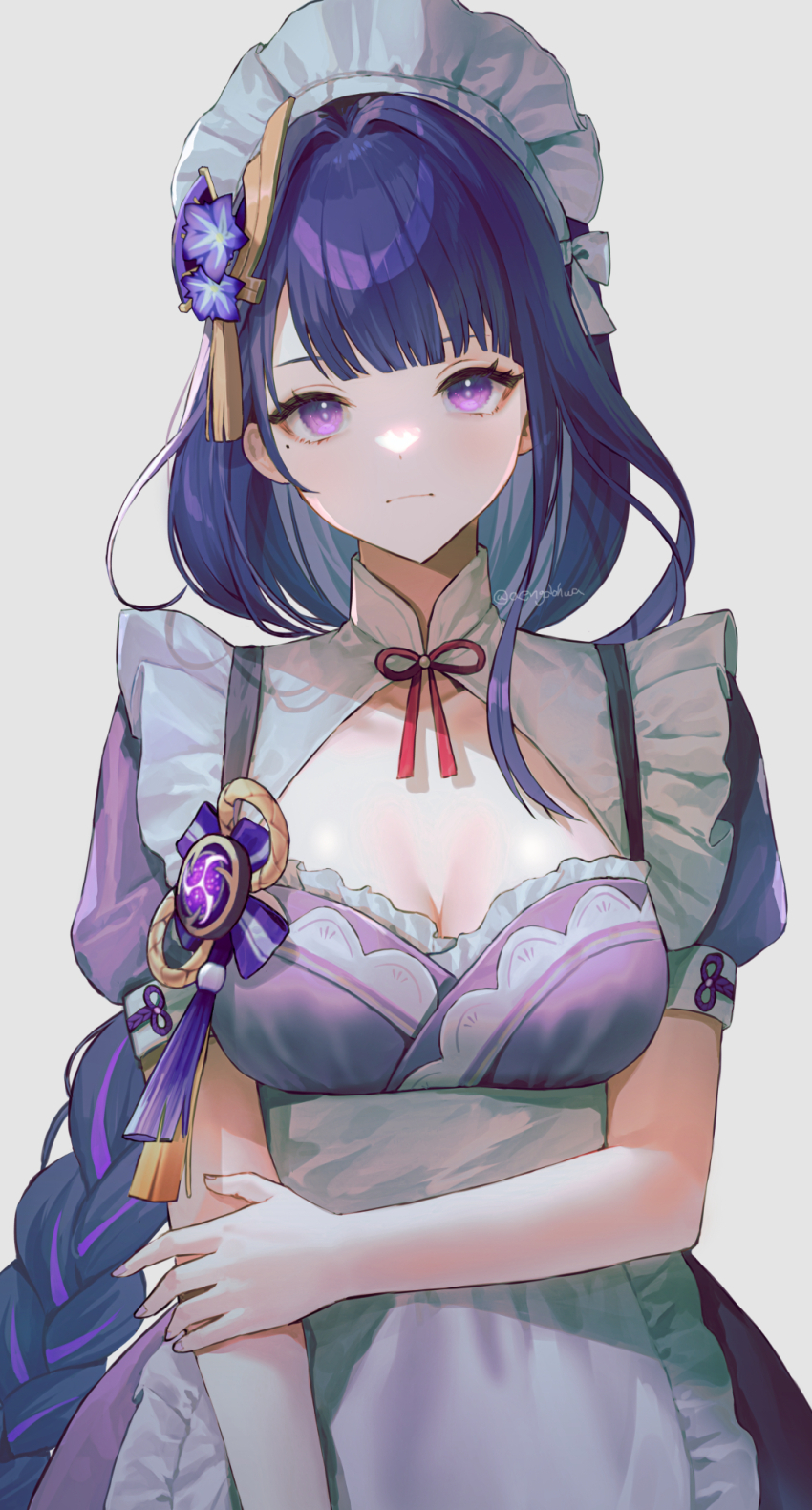 1girl alternate_costume apron blue_hair braid dark_blue_hair dress enmaided expressionless genshin_impact grey_background hanato_(seonoaiko) highres long_hair looking_at_viewer maid maid_apron maid_headdress mole mole_under_eye purple_dress purple_eyes raiden_shogun short_sleeves simple_background white_apron