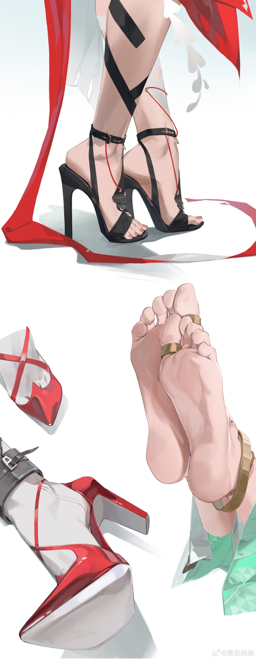 2242592427 3girls absurdres anklet arknights barefoot black_sandals feet feet_only foot_focus high_heels highres jewelry mole_on_foot multiple_girls nail_polish nymph_(arknights) pantyhose papyrus_(arknights) patent_heels pozyomka_(arknights) red_nails red_shoes sandals shoes stiletto_heels toe_ring toenail_polish toenails white_pantyhose