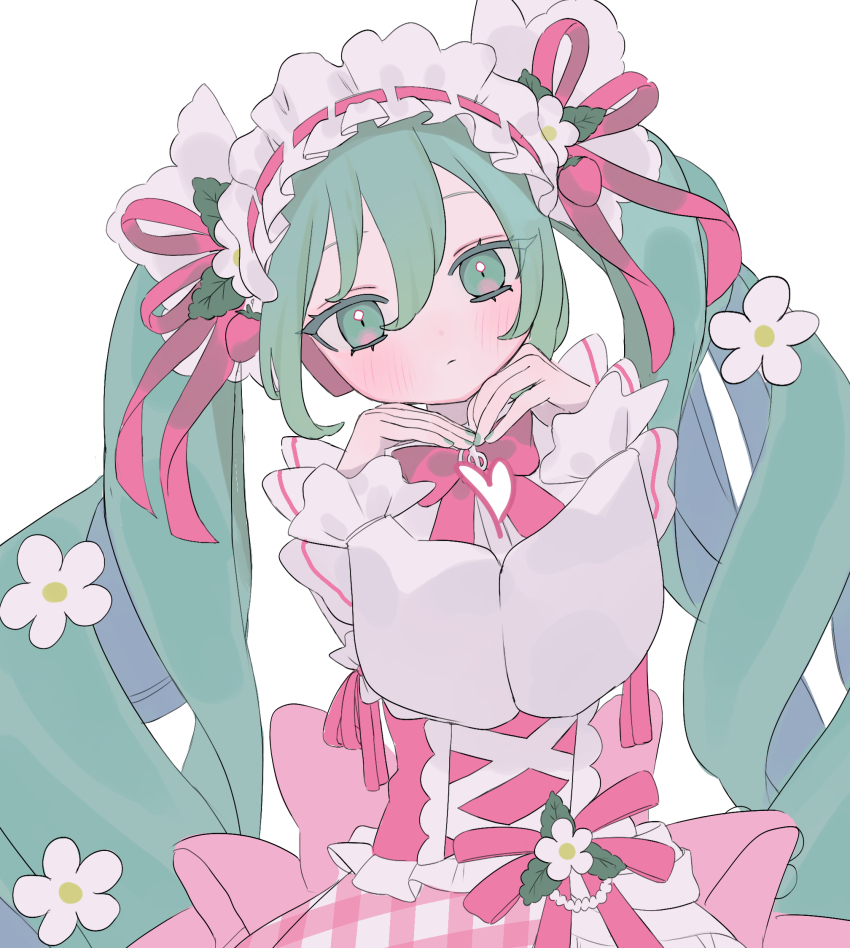 1girl aqua_nails blush bow bowtie dress drill_hair expressionless flower frilled_hairband frills green_eyes green_hair green_nails hair_between_eyes hair_flower hair_ornament hair_ribbon hairband hakudaku hatsune_miku head_tilt heart highres long_hair looking_at_viewer own_hands_together pink_bow pink_bowtie pink_dress pink_ribbon ribbon simple_background solo strawberry_miku_(morikura) twin_drills upper_body very_long_hair vocaloid white_background