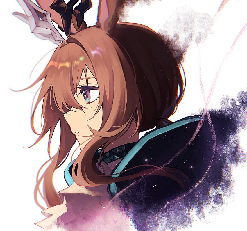 1girl absurdres amiya_(arknights) amiya_(medic)_(arknights) animal_ears arknights ascot black_jacket blue_eyes brown_hair commentary cropped_shoulders crown from_side highres hood hooded_jacket infection_monitor_(arknights) jacket jewelry long_hair mokota necklace parted_lips pink_eyes portrait sidelocks simple_background solo two-tone_eyes upper_body white_background