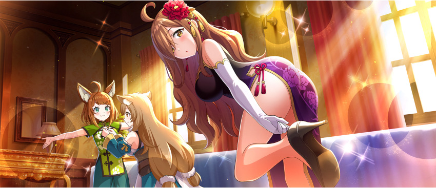 3girls :3 :o adjusting_clothes ahoge amy_(konosuba) animal_ears ass bare_shoulders black_dress black_footwear blush breasts brown_eyes brown_hair child china_dress chinese_clothes curtains detached_sleeves dress dressing_another earrings elbow_gloves fang floral_print floral_print_dress flower from_behind game_cg gloves gold_trim green_eyes hair_flower hair_ornament hair_over_one_eye hair_scrunchie high_heels highres hip_vent indoors jewelry kono_subarashii_sekai_ni_shukufuku_wo! konosuba!_fantastic_days large_breasts leaning_forward light_rays long_hair looking_at_viewer looking_back low_twintails medium_hair miia_(konosuba) mole mole_under_eye multiple_girls official_alternate_costume official_art outstretched_arms parted_lips puffy_detached_sleeves puffy_sleeves purple_dress red_flower scrunchie side_slit sidelocks spread_arms standing standing_on_one_leg sunbeam sunlight thighs twintails two-tone_dress very_long_hair wavy_hair white_gloves white_scrunchie window wiz_(konosuba)