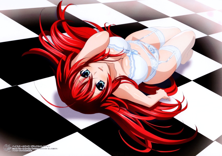 10s 1girl absurdres blue_eyes bra checkered_floor female_focus floor garter_belt high_school_dxd highres long_hair looking_at_viewer lying miyama-zero panties red_hair rias_gremory solo thighhighs underwear