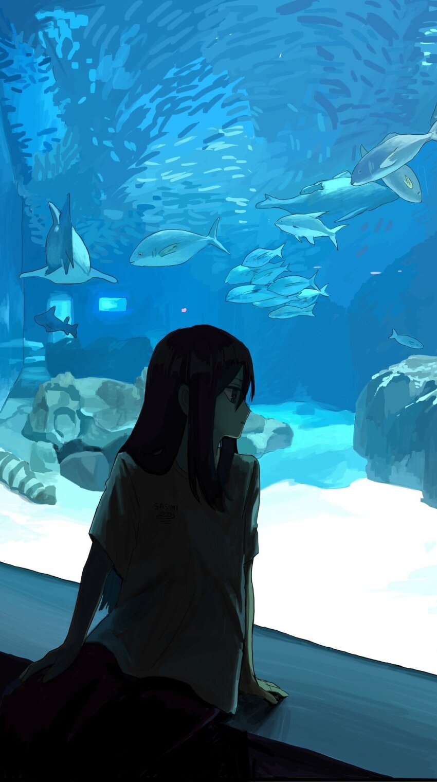 1girl aquarium black_hair fish highres long_hair looking_to_the_side obon_(ensoku_300en) original shirt short_sleeves sitting solo straight_hair t-shirt