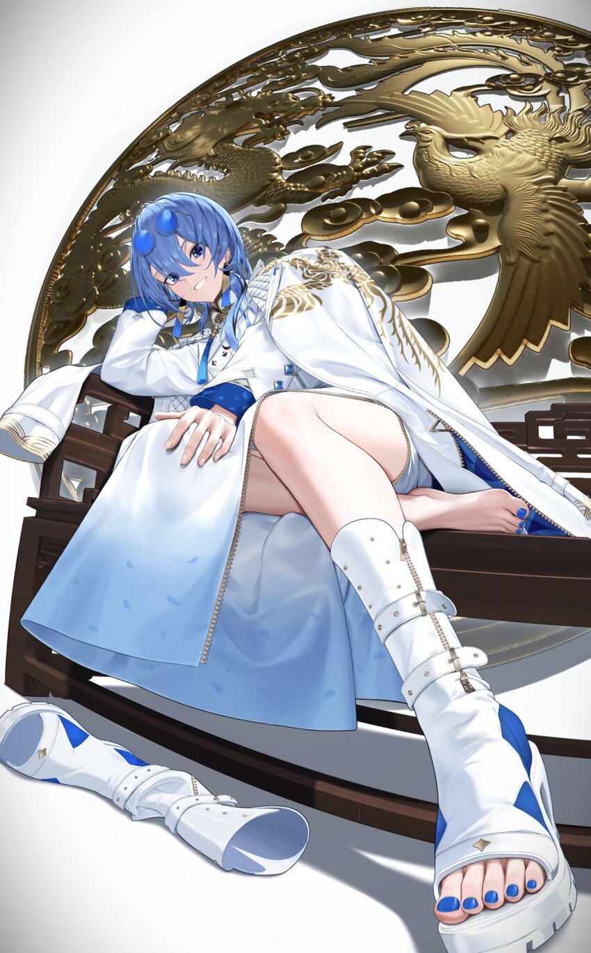 1girl blue-tinted_eyewear blue_eyes blue_hair blue_nails boots coat coat_on_shoulders commentary_request earrings eyewear_on_head feet fuann grin hair_between_eyes hand_on_own_head head_rest highres hololive hoshimachi_suisei hoshimachi_suisei_(oriental_suit) jacket jewelry leaning_to_the_side long_sleeves looking_at_viewer nail_polish official_alternate_costume on_bench platform_boots platform_footwear print_coat round_eyewear shadow shoes side_slit single_shoe sitting sitting_on_leg skirt smile solo star_(symbol) star_in_eye sunglasses symbol_in_eye tinted_eyewear toeless_footwear toenail_polish toenails toes unworn_shoes virtual_youtuber white_coat white_jacket white_skirt zipper zipper_pull_tab