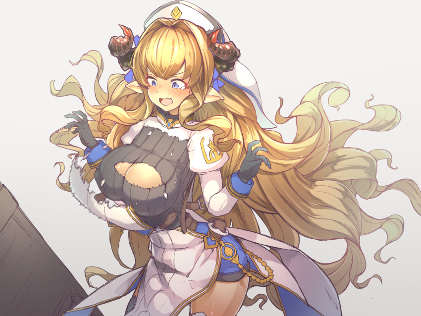 1girl black_gloves blonde_hair blue_eyes blush breasts draph dress gloves granblue_fantasy hat horns large_breasts long_hair moritatsu pointy_ears razia ribbed_shirt shirt solo torn_clothes