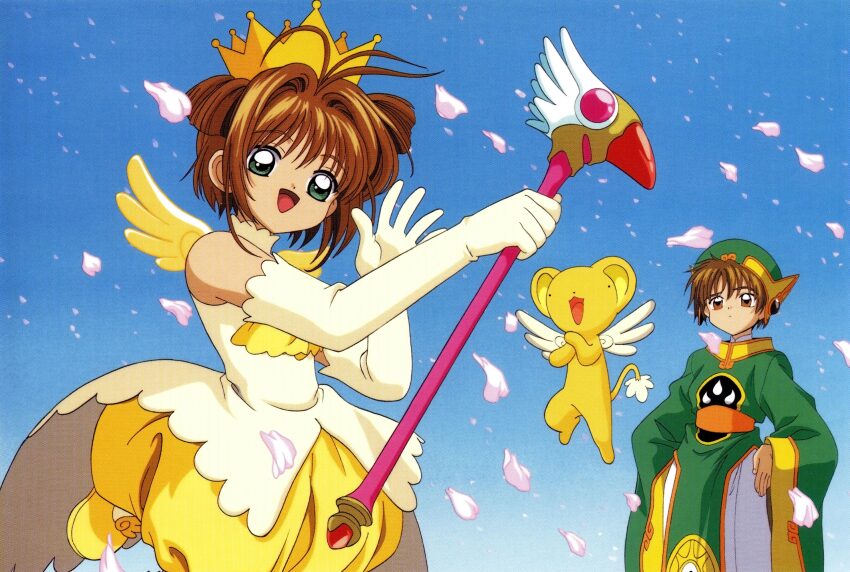 1girl brown_eyes brown_hair cardcaptor_sakura crown dress gloves green_eyes highres holding holding_wand kero_(cardcaptor_sakura) kinomoto_sakura li_syaoran magical_girl messy_hair official_art salute scan short_hair wand wings yellow_dress yellow_footwear