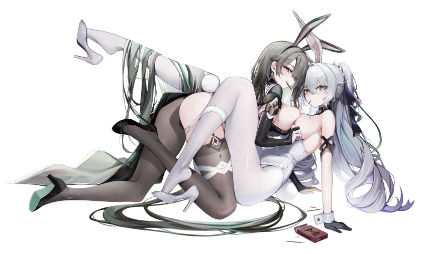 2girls absurdres animal_ears black_leotard black_pantyhose breasts breasts_squeezed_together bronya_zaychik bronya_zaychik_(silverwing:_n-ex) chocolate chocolate_on_body chocolate_on_breasts commentary_request fake_animal_ears fake_tail food_on_body grey_hair highres honkai_(series) honkai_impact_3rd korean_commentary large_breasts leotard long_hair multiple_girls ness_(pjw0168) pantyhose playboy_bunny rabbit_ears rabbit_tail single_leg_pantyhose tail vita_(honkai_impact) white_background white_leotard white_pantyhose