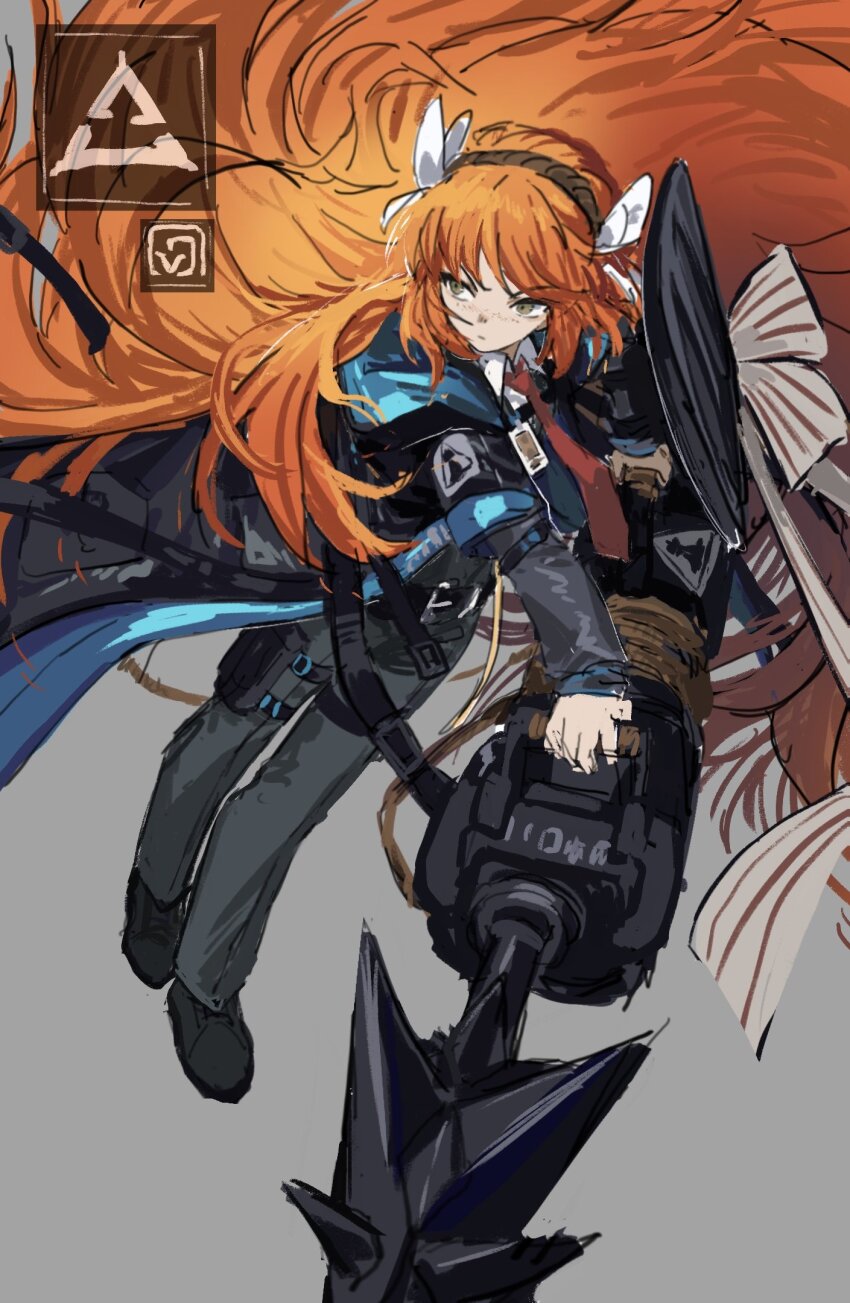 1girl arknights big_hair black_jacket black_pants bow brown_hairband closed_mouth commentary from_above full_body green_eyes grey_background hair_bow hairband harpoon harpoon_gun highres holding holding_weapon id_card ishmael_(project_moon) jacket limbus_company long_hair long_sleeves looking_to_the_side orange_hair pants project_moon rhodes_island_logo_(arknights) rope shiqicheng sidelocks simple_background solo standing symbol-only_commentary very_long_hair weapon white_bow