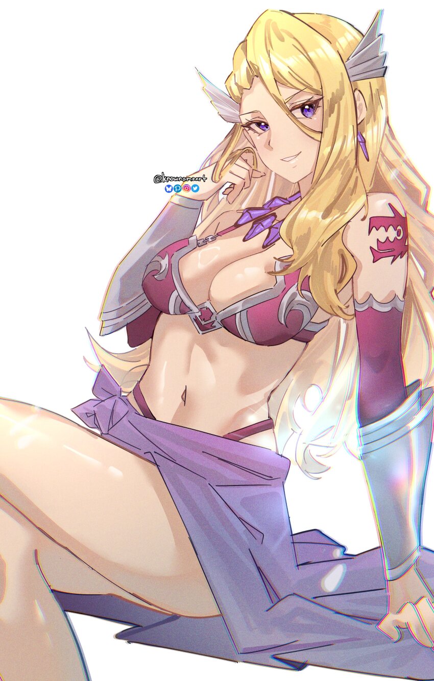 1girl blonde_hair breasts cleavage earrings fairy_tail jewelry kiria_(fairy_tail) knowname large_breasts long_hair navel purple_eyes sitting smile solo