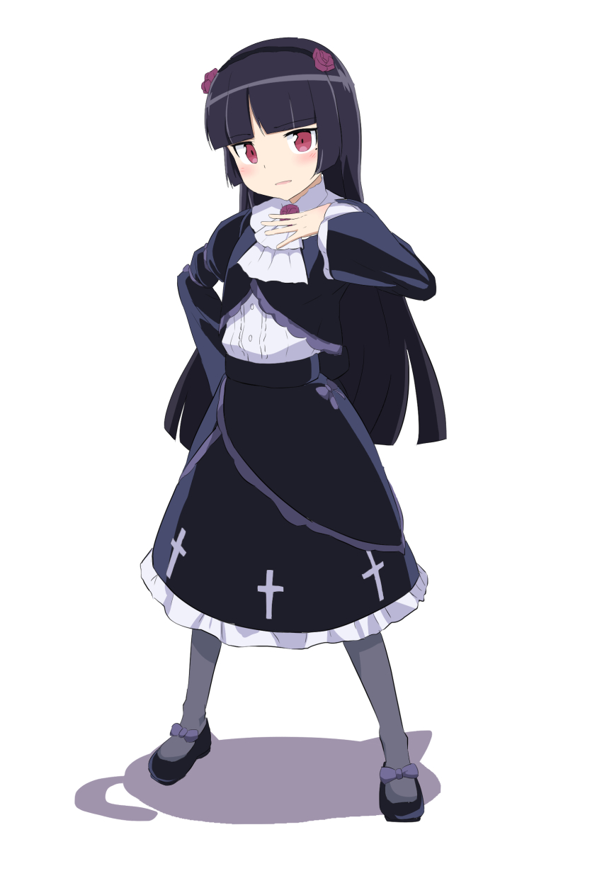 1girl absurdres ascot black_hair black_jacket black_skirt blush bow collar commentary frilled_collar frilled_jacket frilled_shirt frilled_skirt frilled_sleeves frills full_body gokou_ruri gothic_lolita grey_pantyhose hand_on_own_chest hand_on_own_hip highres hime_cut jacket lolita_fashion mary_janes mole mole_under_eye open_mouth ore_no_imouto_ga_konna_ni_kawaii_wake_ga_nai pantyhose red_eyes shirt shoes skirt standing white_ascot white_background white_collar white_shirt wood_pump