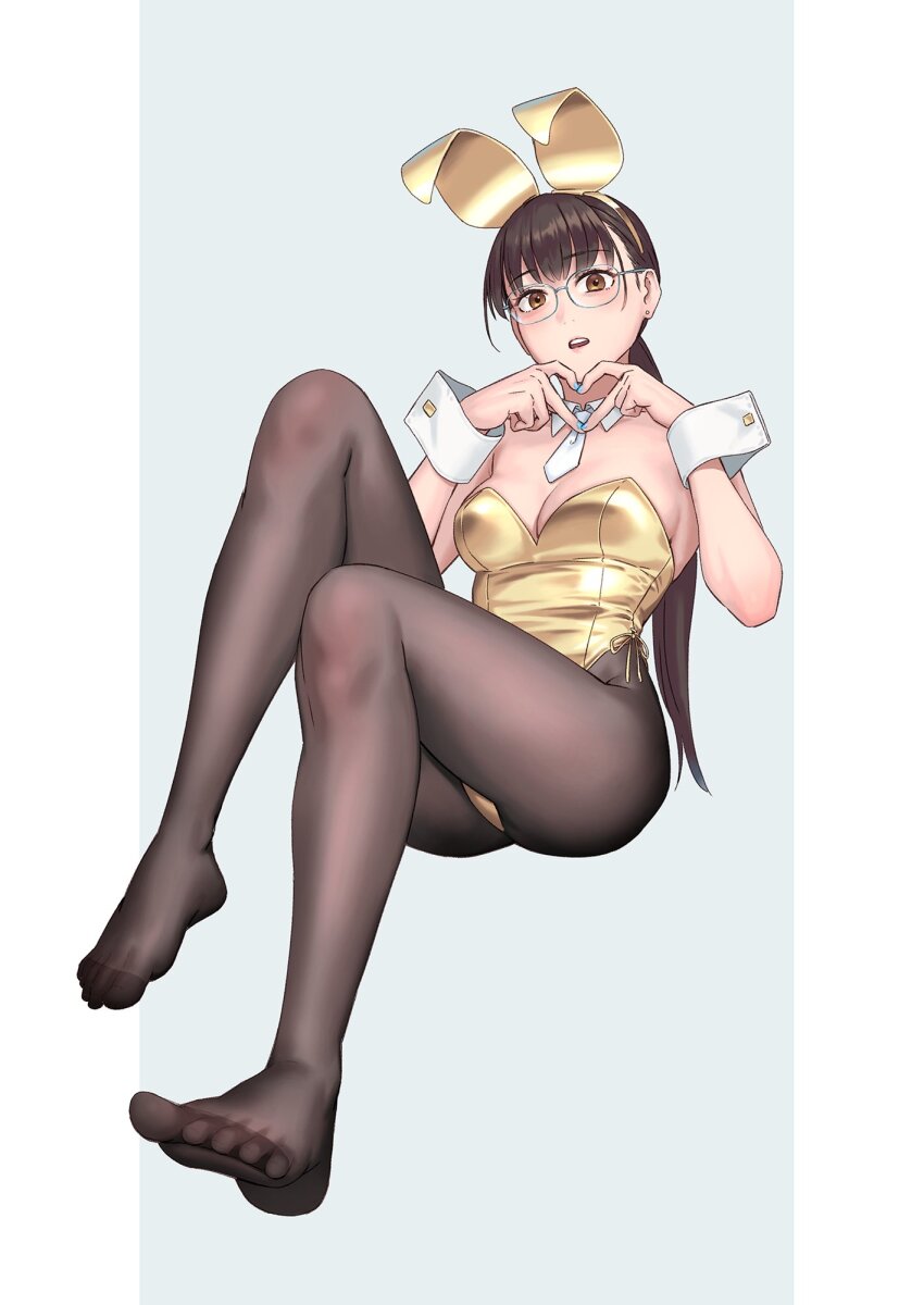 1girl animal_ears bare_shoulders blush breasts brown_hair detached_collar fake_animal_ears feet full_body glasses gold_headwear gold_leotard grey_background hairband heart heart_hands highleg highleg_leotard highres large_breasts legs leotard long_hair looking_at_viewer no_shoes original pantyhose playboy_bunny rabbit_ears simple_background sitting solo strapless strapless_leotard thighs toes two-tone_background wrist_cuffs yuuji_(and)