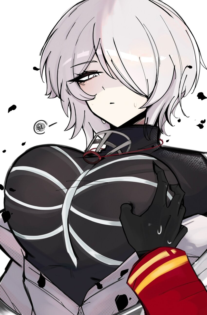 black_gloves bright_pupils dante_(limbus_company) faust_(project_moon) gloves grabbing_another&#039;s_breast groping hair_over_one_eye highres limbus_company m_ayonessa pov pov_hands project_moon sweat upper_body white_eyes white_hair white_pupils