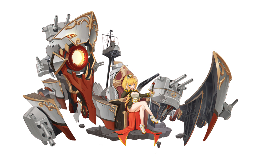 1girl absurdres ankle_boots azur_lane black_jacket blonde_hair boots breasts chinese_commentary cleavage clotho_matcha commentary_request full_body high_heel_boots high_heels highres holding holding_sword holding_weapon jacket large_breasts long_hair long_sleeves looking_at_viewer original personification rigging ship_turret simple_background sitting sword weapon white_background white_footwear world_of_warships