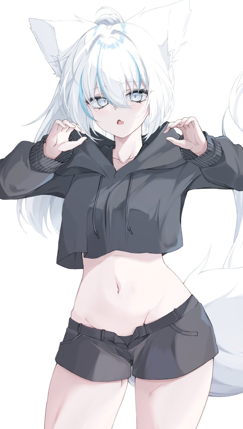 1girl animal_ears black_hoodie black_panties black_shorts blue_hair breasts claw_pose cropped_hoodie expressionless fang fox_ears fox_girl fox_tail grey_eyes groin highres hood hoodie long_hair long_sleeves looking_at_viewer medium_breasts midriff multicolored_hair navel open_fly original panties parted_lips short_shorts shorts skin_fang stomach streaked_hair sumishi_(sumisi_3) tail two-tone_hair underwear white_background white_hair